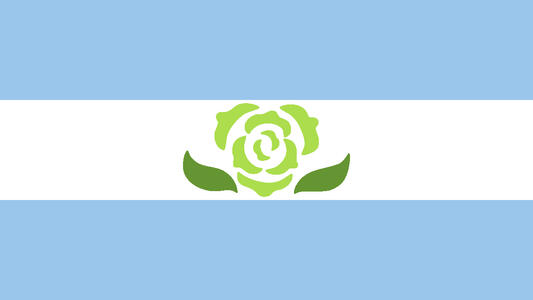 The achillean flag. It is three light blue, white, and light blue. In the center is a light green carnation flower.
