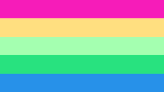 The ply gai flag. It is five stripes, magenta, yellow, pastel green, light green, and blue.