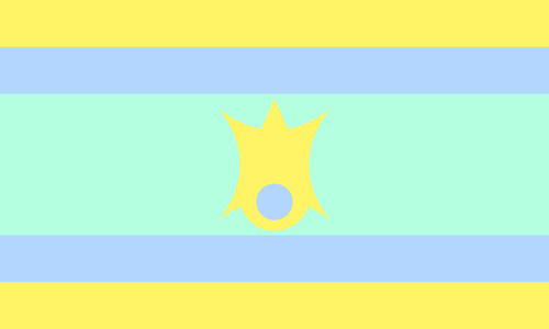 The nofinsexual flag. It is five stripes, yellow, light blue, pastel blue, light blue, and blue. In the center is a combination of the teardrop and spiky square symbols. It is yellow.