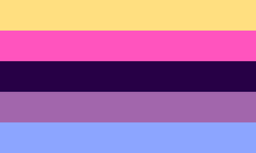 The omni gai flag. It is five stripes, yellow, pink, dark blue, purple, and light blue.