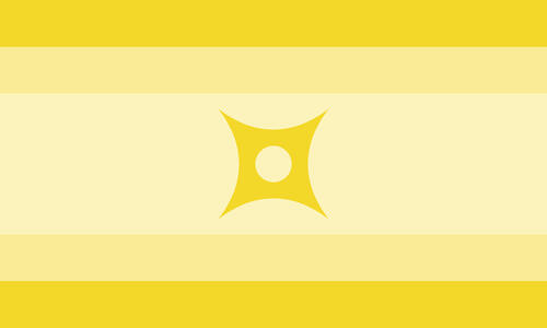 The ninsexual flag. It is five stripes, gold, yellow, cream, yellow, and gold. In the center is a gold spiky square symbol.