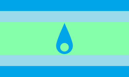 The minsexual flag. It is five stripes, blue, light blue, mint, light blue, and blue. In the center is a blue teardrop symbol.