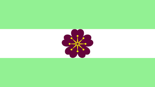 The diamoric flag. It is three stripes, light green, white, and light green. In the center is a wine-colored flower with yellow stamen.