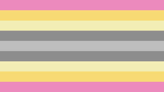 The lovequeer flag. It is nine stripes, pink, yellow, creme, grey, light grey, grey, creme, yellow, pink.