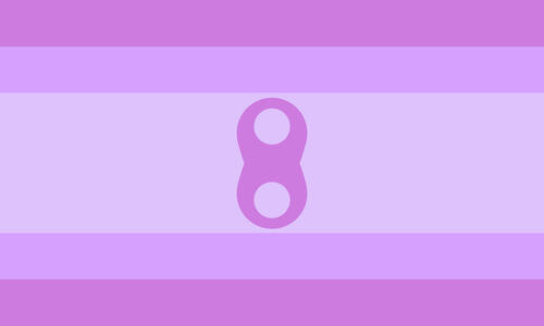The linsexual flag. It is five stripes, purple, light purple, lilac, light purple, and purple. In the center is a purple eight symbol.
