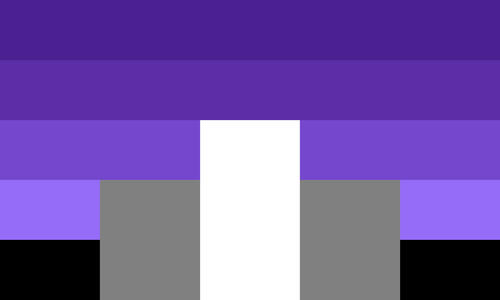 The caedsexual flag. It is five stripes, dark purple, purple, light purple, pastel purple, and black. In the bottom center is three pillars, grey, white, and grey. The white pillar is taller than the others.