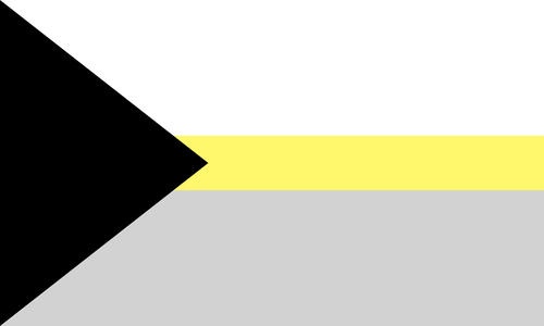 The demi-platonic flag. It is three stripes, white, yellow, and grey. The yellow stripe is very thin. On the left is a black triangle, pointing to the right.