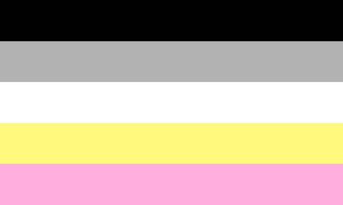 The a-queerplatonic flag. It is five stripes, black, grey, white, yellow, and pink.