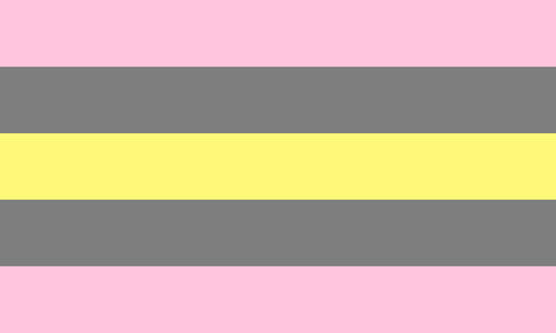 The quasiromantic flag. It is five stripes, light pink, grey, yellow, grey, and light pink.