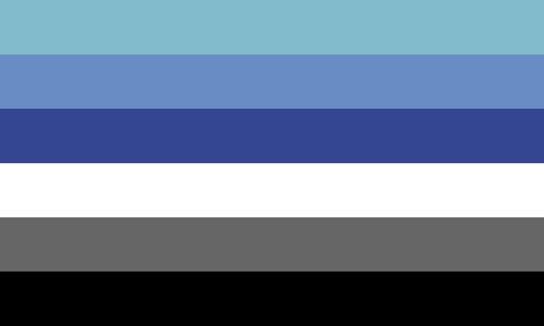 The myr-aroace flag. It is six stripes, light blue, blue, and dark blue, white, grey, and black.