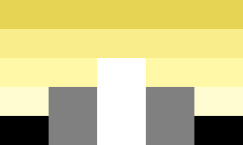 The caedplatonic flag. It is five stripes, gold, yellow, light yellow, pastel yellow, and black. In the bottom center is three pillars, grey, white, and grey. The white pillar is taller than the others.