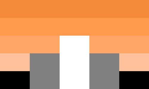 The caedsensual flag. It is five stripes, dark orange, orange, light orange, pastel orange, and black. In the bottom center is three pillars, grey, white, and grey. The white pillar is taller than the others.