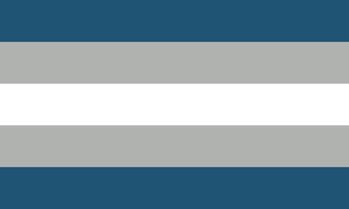 The grey-aroace flag. It is five stripes, navy blue, grey, white, grey, and navy blue.