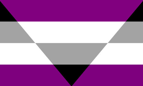 The aegosexual flag. It is four stripes, black, grey, white, and purple. In the center is an inverted triangle with inverted colors, purple, white, grey, and black.