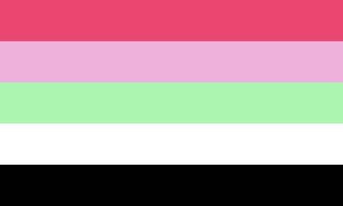 The antgender flag. It is five stripes, pink, light pink, mint, white, and black.