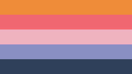 The jestergender flag. It is five stripes, orange, coral, pink, periwinkle, and navy blue.