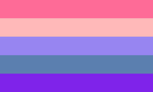 The xenofluid flag. It is five stripes, pink, light pink, lavender, denim blue, and purple.