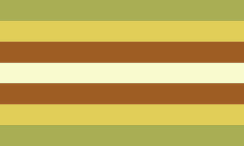 The buggender flag. It is seven stripes, green, ochre, brown, cream, brown, ochre, and green.