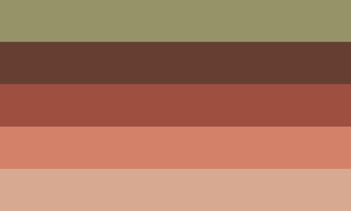 A wormgender flag. It is five stripes, green, brown, rust, peach, and pink.