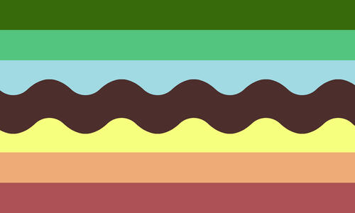 The venturegender flag. It is seven stripes, green, light green, blue, brown, yellow, orange, and red. The brown stripe is wavy.