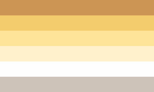 The toothgender flag. It is six stripes, light brown, gold, yellow, cream, white, and grey.