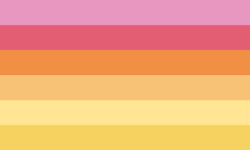 The alstrolia flag. It is six stripes, pink, dark pink, orange, sand, yellow, and gold.
