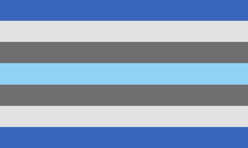 The catagogender flag. It is seven stripes, blue, light grey, grey, light blue, grey, light grey, and blue.