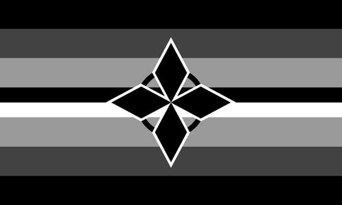 The othellic flag. It is eight stripes, black, grey, light grey, black, white, light grey, grey, and black. In the center is a black ring, with four black diamonds overtop it.