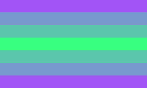 The aethergender flag. It is seven stripes, purple, periwinkle, turquoise, lime, turquoise, periwinkle, and purple.