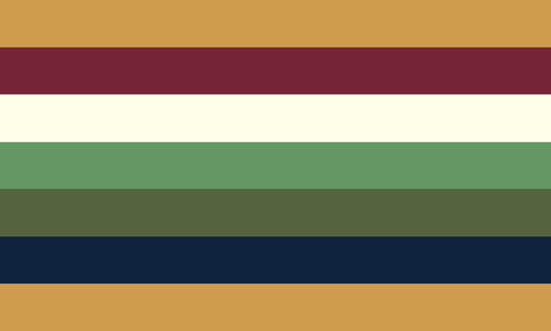 The lependugender flag. It is seven stripes, gold, dark red, cream, green, olive, dark blue, and gold.