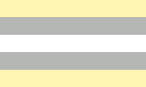 The gendercosm flag. It is five stripes, yellow, grey, white, grey, and yellow.