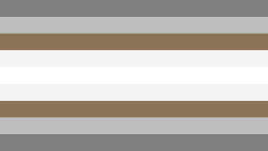 The beastgender flag. It is nine stripes, dark grey, grey, brown, off-white, white, off-white, brown, grey, and dark grey.
