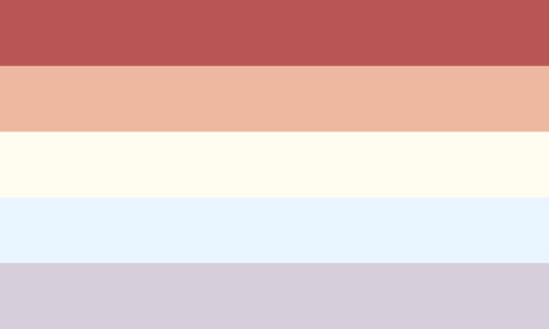 The wildmasculine flag. It is five stripes, dusty red, pale orange, pale yellow, pale blue, and grey-ish purple.