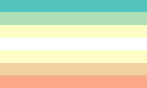 The genderfloren flag. It is seven stripes, teal, light green, yellow, white, yellow, orange, and peach.