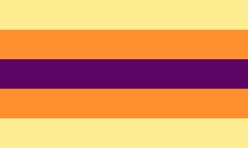 A multigender flag. It is five stripes, yellow, orange, purple, orange, and yellow.