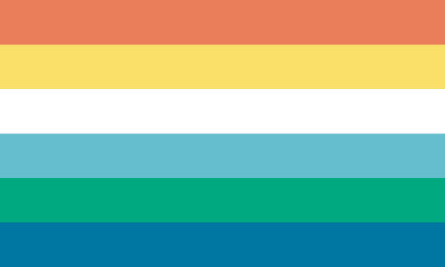 The genderqueer nonbinary man flag. It is six stripes, coral, yellow, white, light blue, teal, and blue.