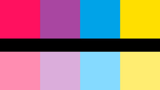The fluidflux flag. It is four vertical stripes, hot pink, purple, light blue, and yellow. A thin black horizontal stripe is in the center. The bottom half of the flag has the four main colors in pastel.