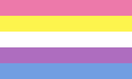 A bigender flag. It is five stripes, pink, yellow, white, purple, and blue.