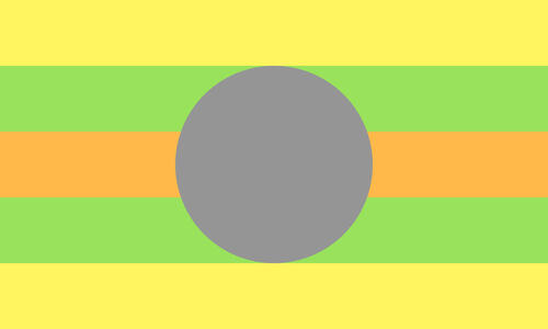 The genderstrange flag. It is five stripes, yellow, lime, orange, lime, and yellow. In the center there is a grey circle.