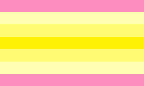 The transneutral flag. It is seven stripes, pink, pale yellow, light yellow, yellow, light yellow, pale yellow, and pink.