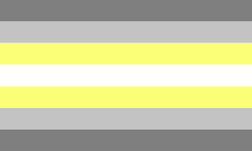 The demigender flag. It is seven stripes, grey, light grey, yellow, white, yellow, light grey, and grey.