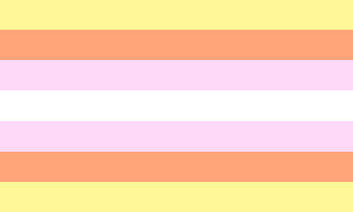 The pangender flag. It is seven stripes, yellow, peach, pink, white, pink, peach, and yellow.
