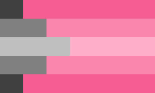 The caedogirl flag. It is five stripes, hot pink, pink, light pink, pink, hot pink. On the left part of the flag there is a chunk in greyscale.