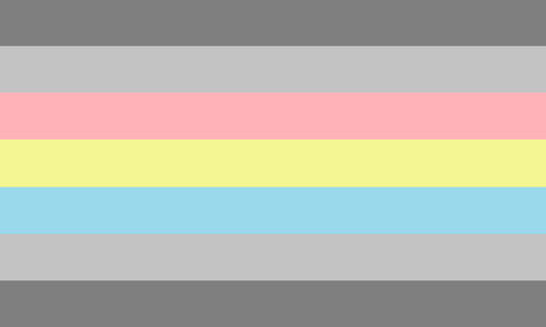 The caedogirl flag. It is five stripes, hot pink, pink, light pink, pink, hot pink. On the left part of the flag there is a chunk in greyscale.