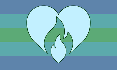 The overworld hearth-ic flag. It is five stripes, blue, cyan, green, cyan, and blue. In the center is the hearth-ic symbol, a heart with a flame shape cut out of the center. It is pastel mint, with a teal outline.