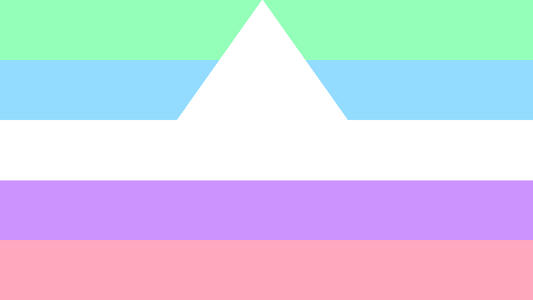 The altersex flag. It is five stripes, mint, light blue, white, light purple, and pink. The white stripe extends into a triangle in the center of the flag.
