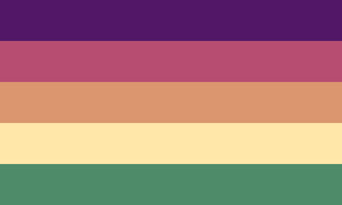 The amatopunk flag. It is five stripes, purple, maroon, orange, yellow, and dark green.