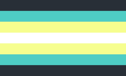 The autism flag. It is seven stripes, dark teal, teal, yellow, white, yellow, teal, and dark teal.