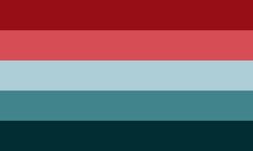 The PTSD flag. It is five stripes, dark red, red, light blue, teal, and dark blue.